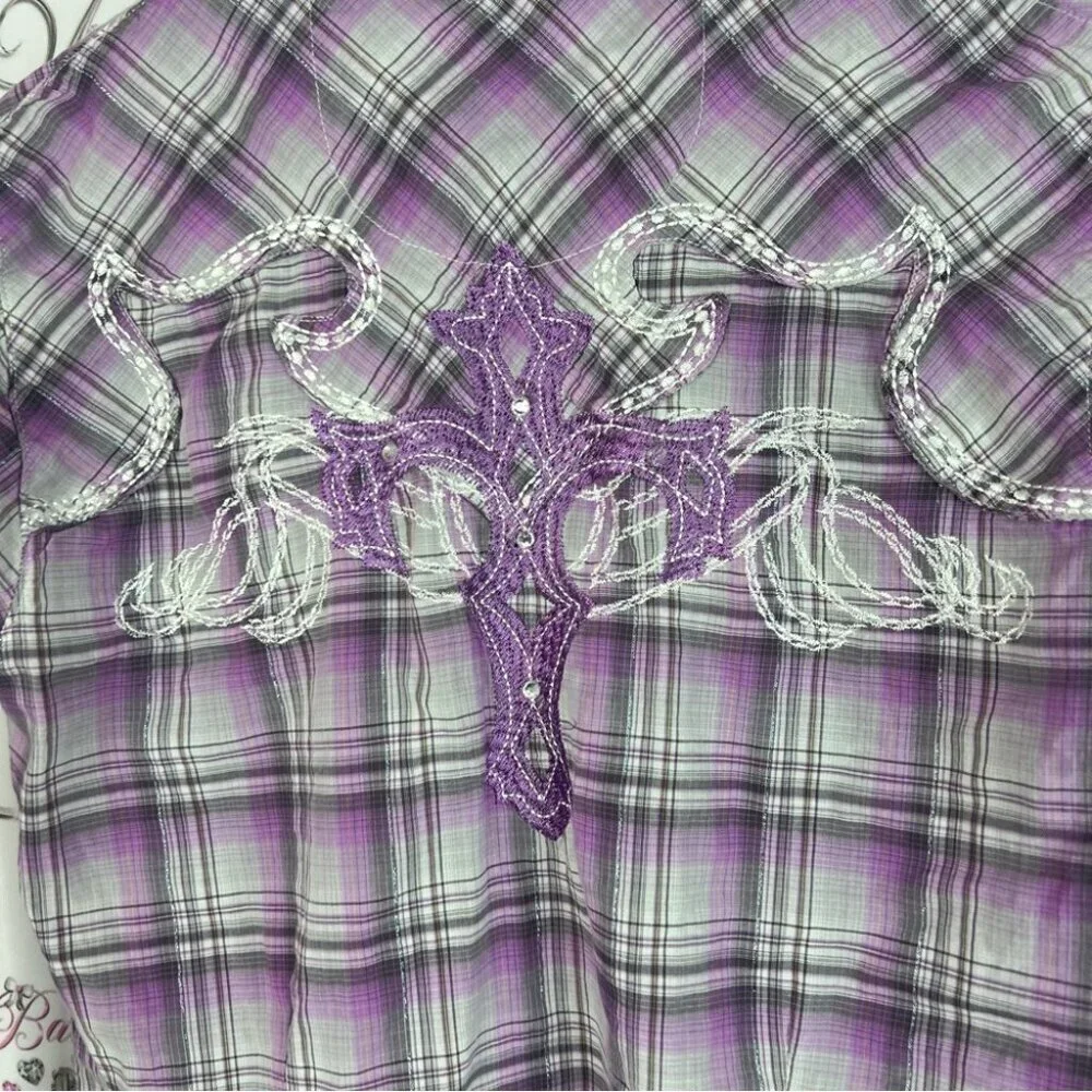 Rock 47 by Wrangler button down embroidery cross back Purple Plaid Casual Shirt
